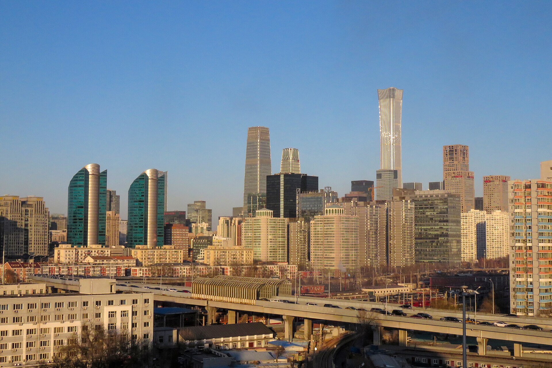 Beijing’s central business district skyline and city traffic