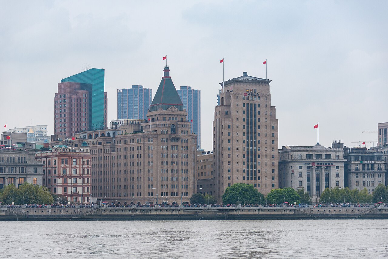 Historic commercial buildings on the Bund seen from the Huangpu River