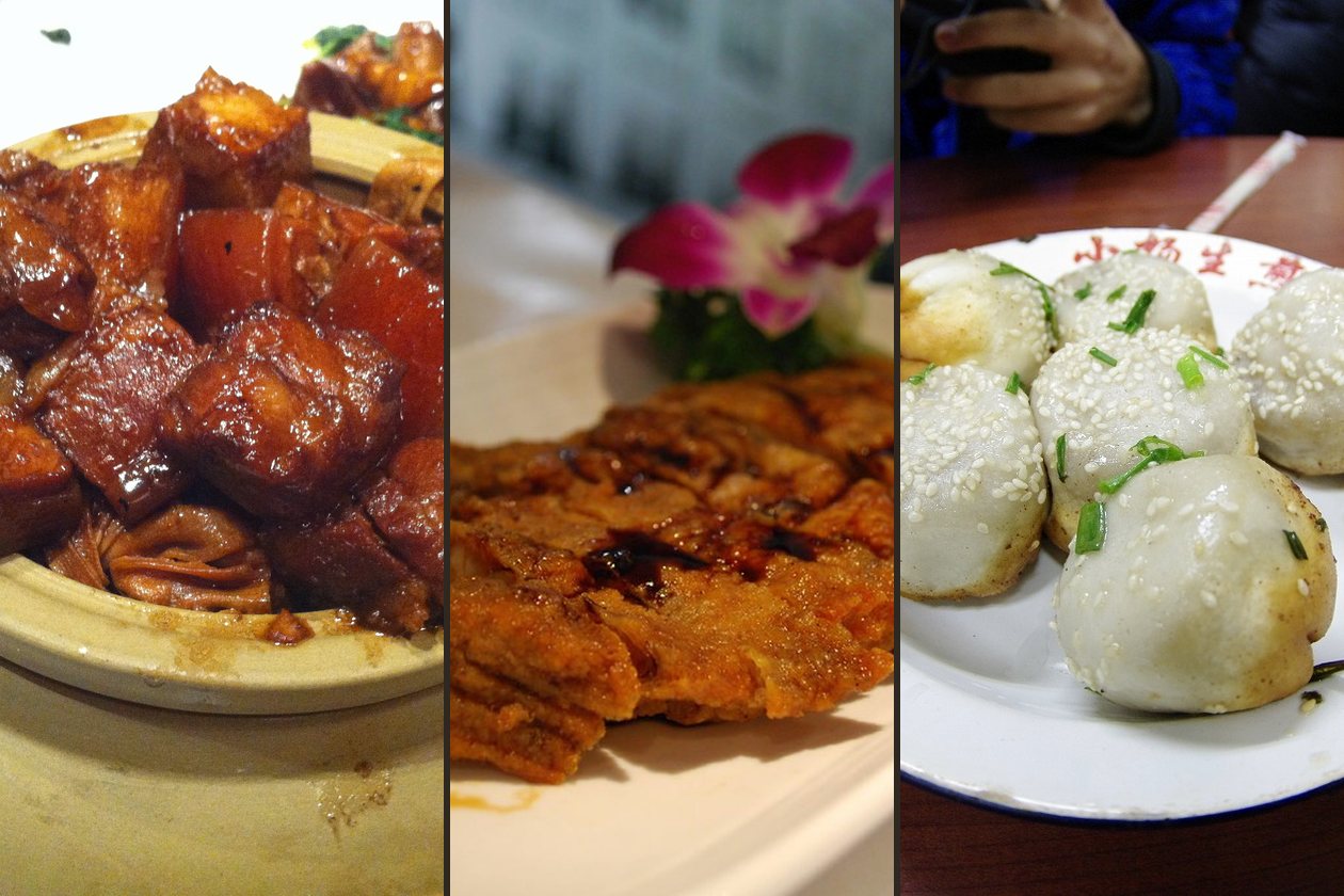 Shanghai red-braised pork, smoked fish, and pan-fried shengjian buns